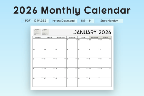 Download 2026 Monthly Planner Landscape (M Start) - Planner Collection